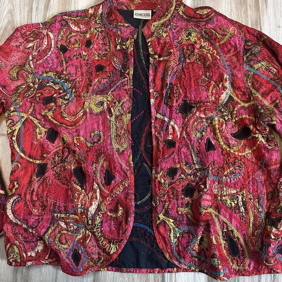 Chicos Jacket Topper Coat Silk 2/S Pink Boho Beaded Embroidered Blazer Artsy - Picture 4 of 10
